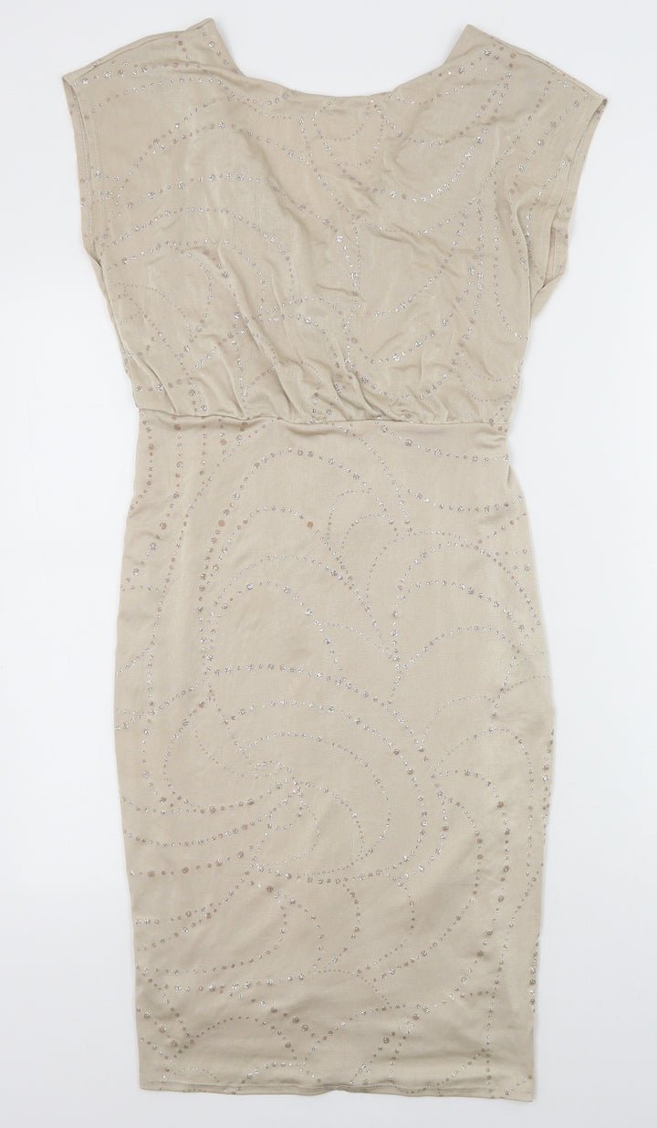Dorothy Perkins Womens Beige Geometric Polyester Sheath Size 10 Round Neck Zip