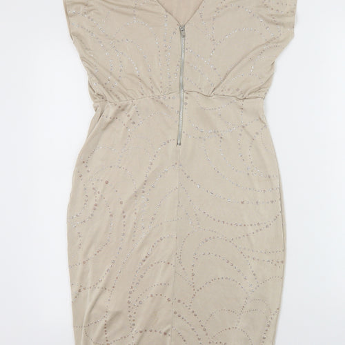Dorothy Perkins Womens Beige Geometric Polyester Sheath Size 10 Round Neck Zip