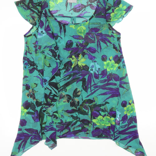 Marks and Spencer Womens Green Floral Polyester Tunic Blouse Size 12 Scoop Neck - Hanky Hem