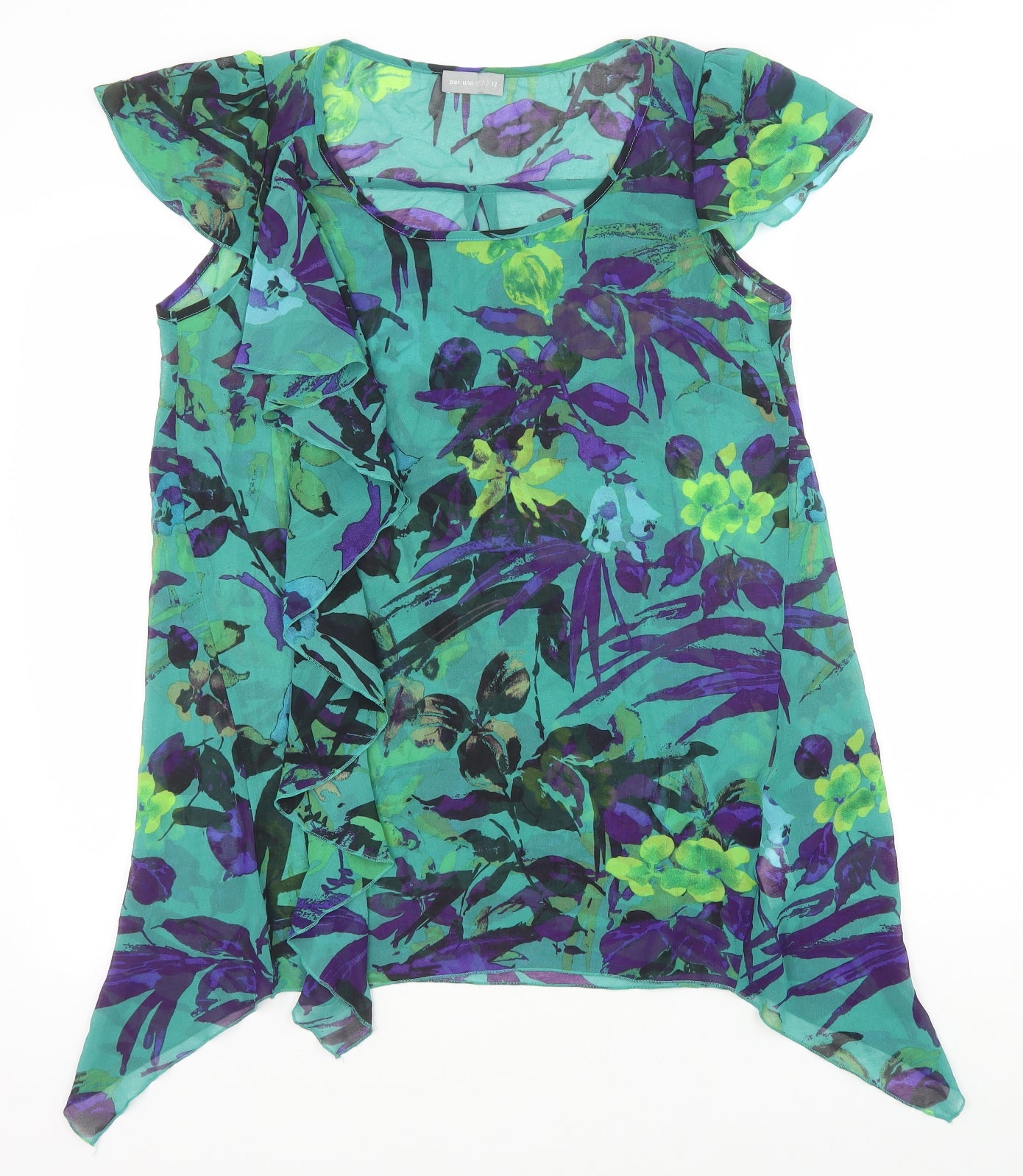 Marks and Spencer Womens Green Floral Polyester Tunic Blouse Size 12 Scoop Neck - Hanky Hem