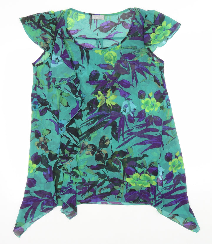 Marks and Spencer Womens Green Floral Polyester Tunic Blouse Size 12 Scoop Neck - Hanky Hem