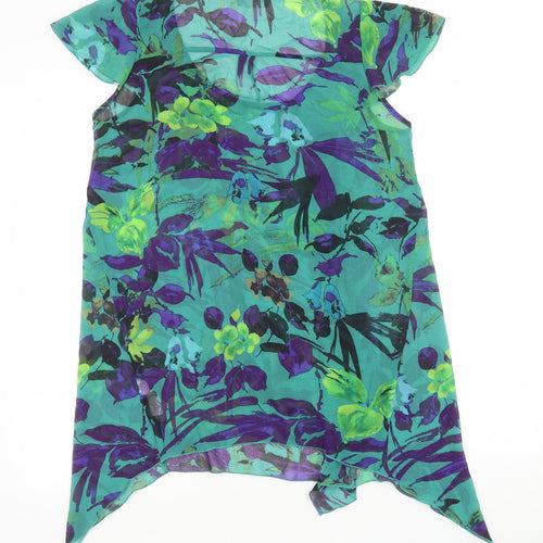 Marks and Spencer Womens Green Floral Polyester Tunic Blouse Size 12 Scoop Neck - Hanky Hem