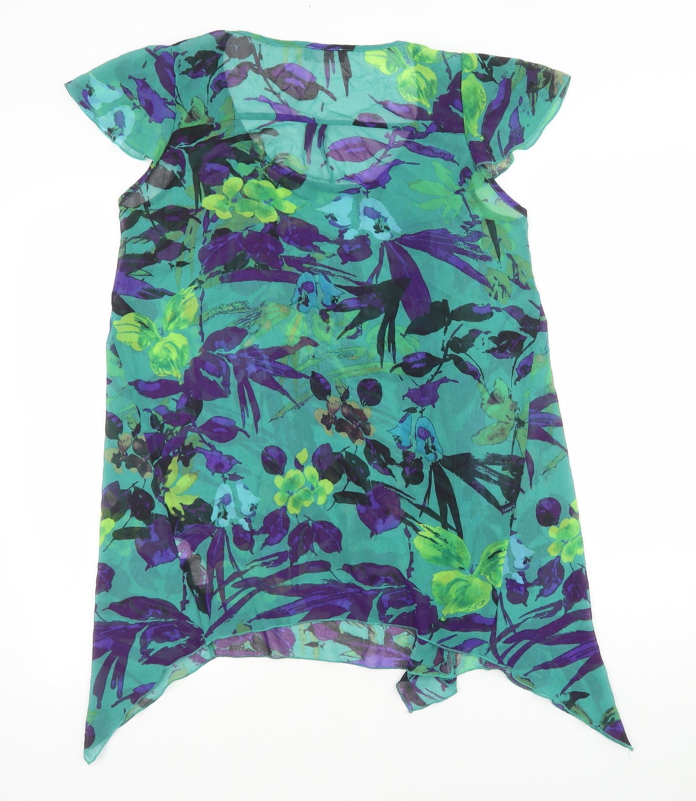 Marks and Spencer Womens Green Floral Polyester Tunic Blouse Size 12 Scoop Neck - Hanky Hem