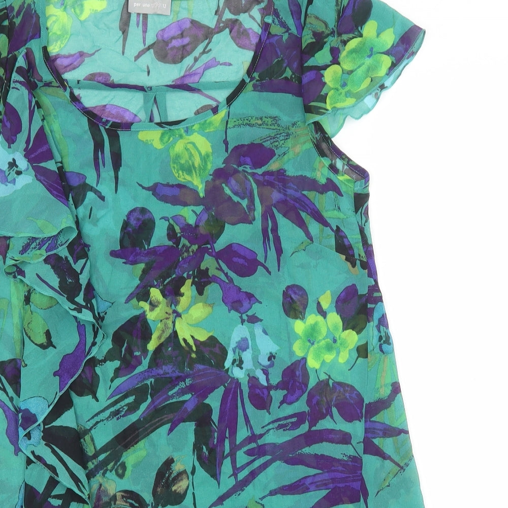 Marks and Spencer Womens Green Floral Polyester Tunic Blouse Size 12 Scoop Neck - Hanky Hem