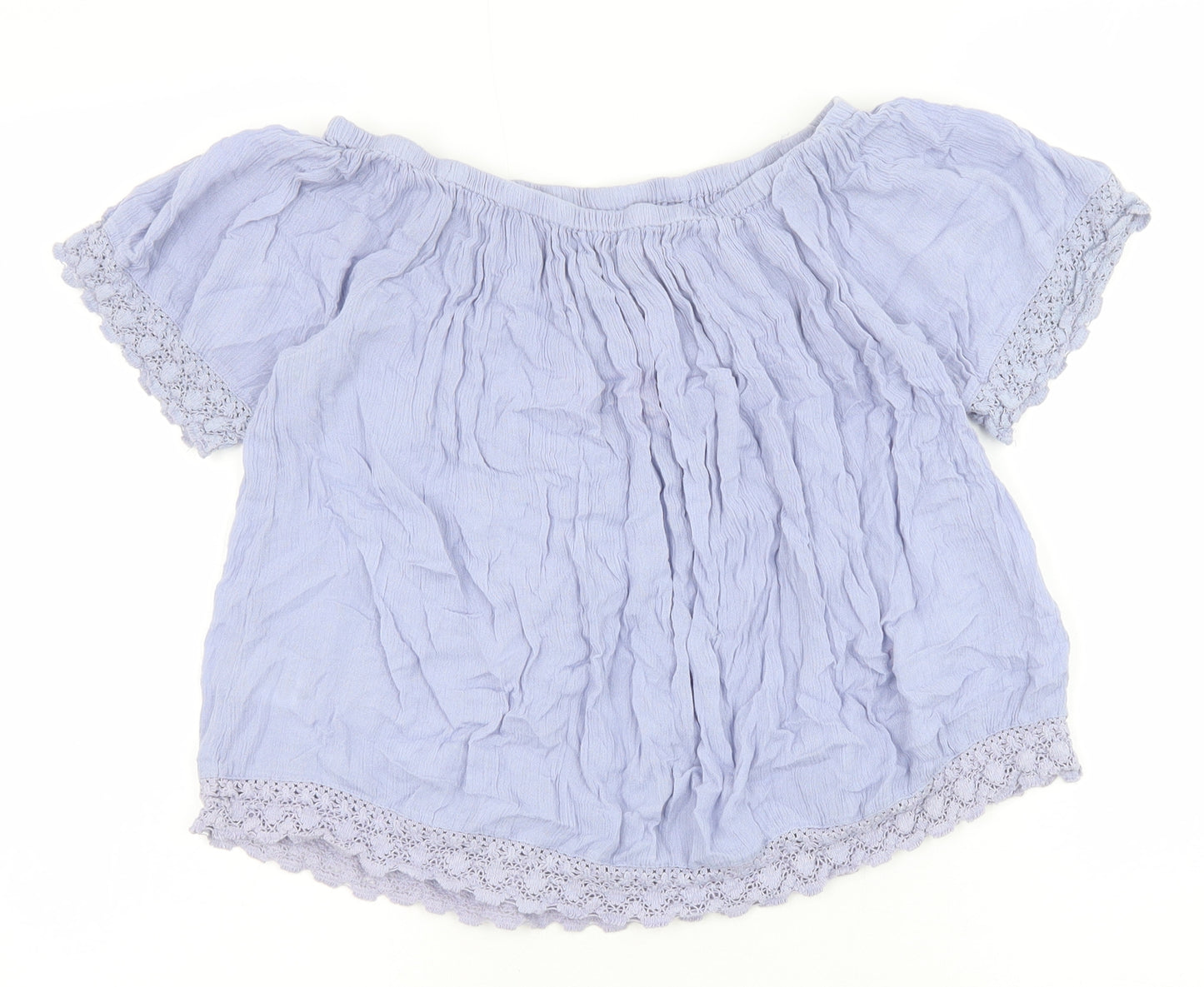 Select Womens Blue Viscose Basic Blouse Size 8 Off the Shoulder - Crochet Trim Bardot