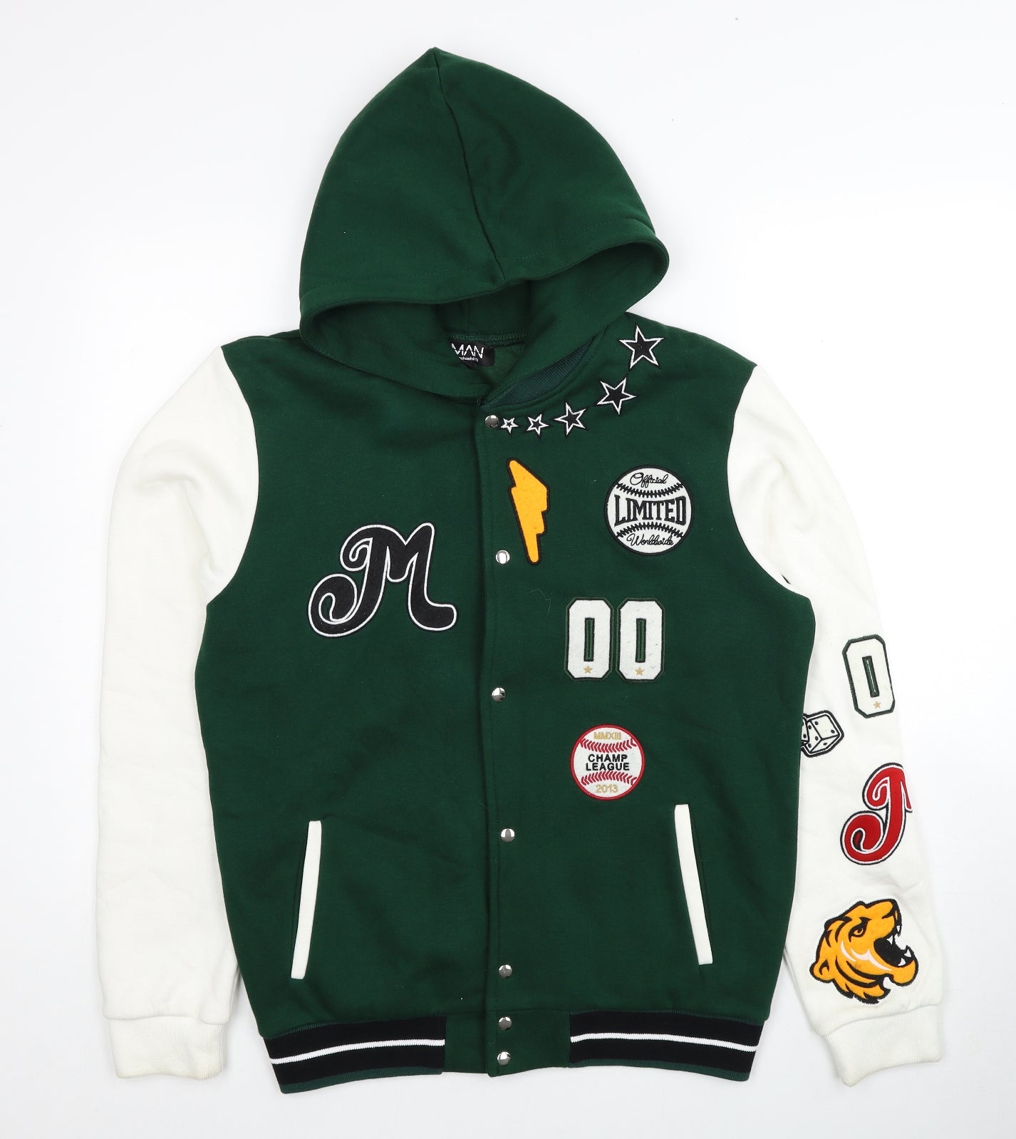 Boohoo Mens Green Geometric Varsity Jacket Jacket Size M Button