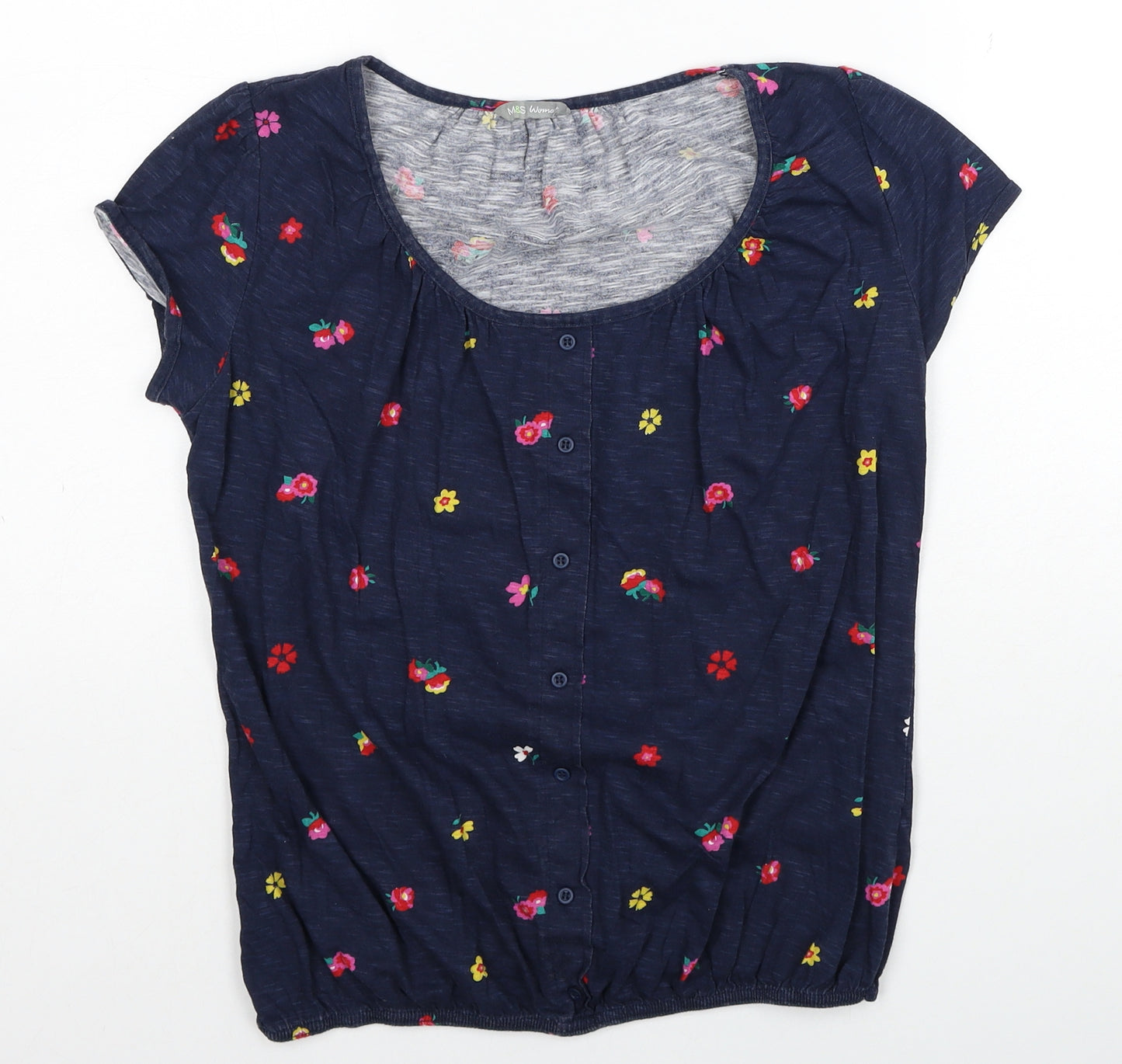 Marks and Spencer Womens Blue Floral Cotton Basic T-Shirt Size 10 Scoop Neck - Elastic Hem