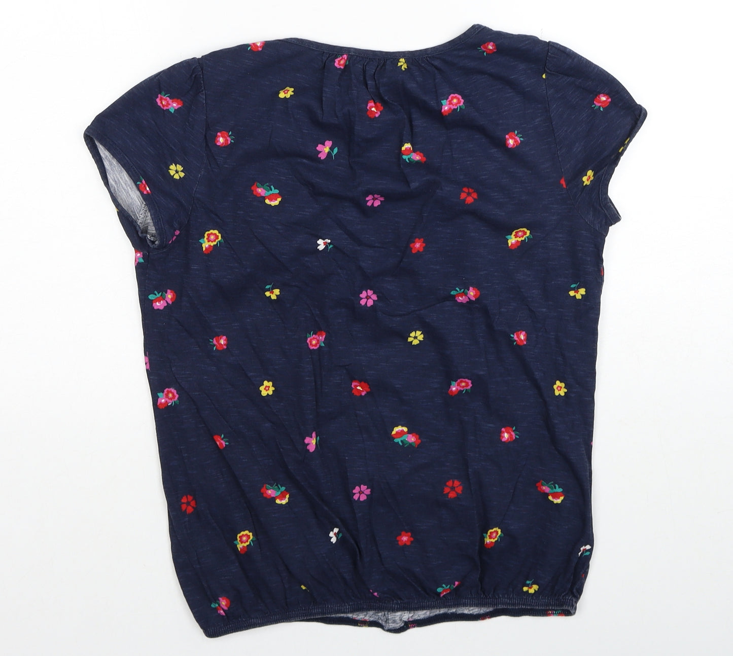 Marks and Spencer Womens Blue Floral Cotton Basic T-Shirt Size 10 Scoop Neck - Elastic Hem