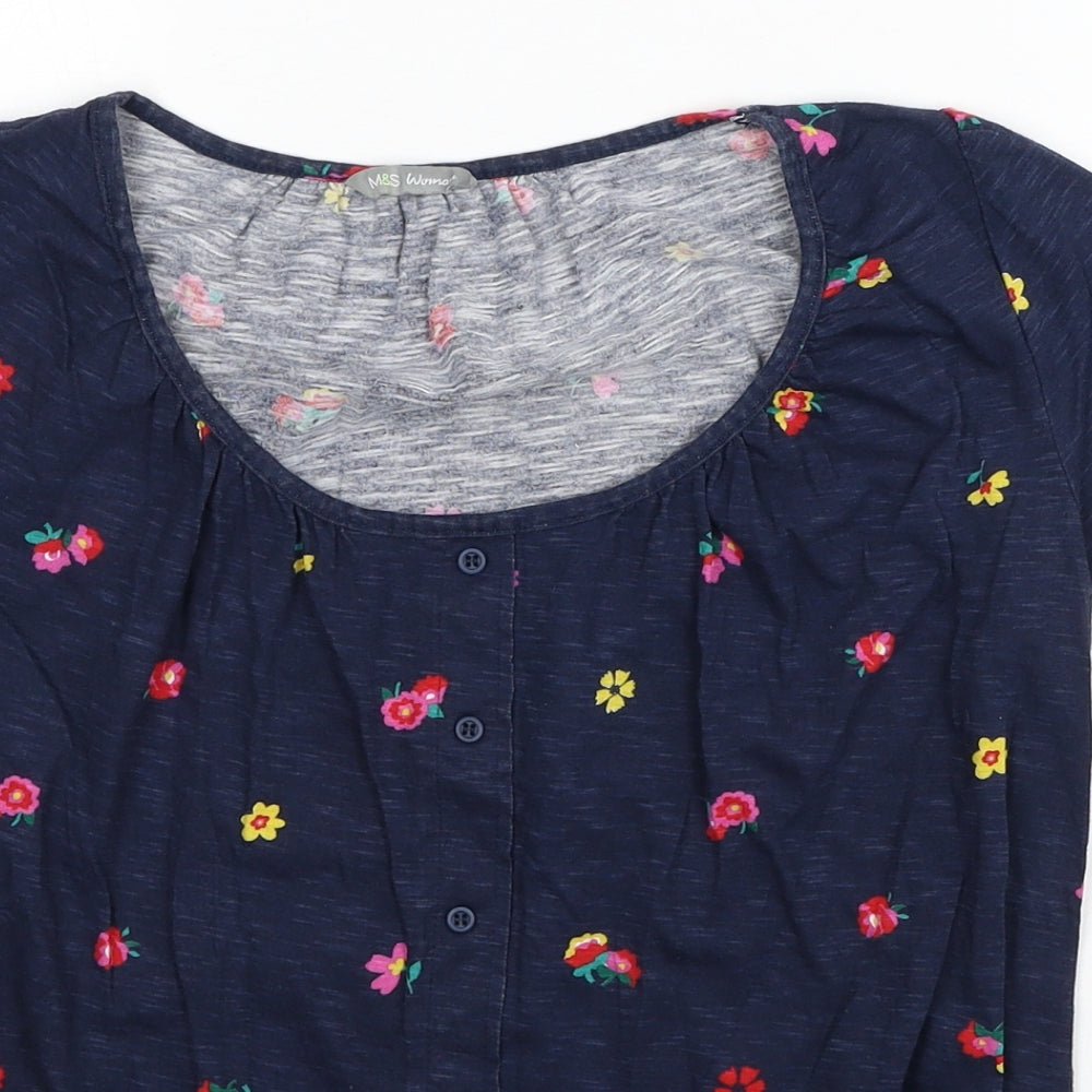 Marks and Spencer Womens Blue Floral Cotton Basic T-Shirt Size 10 Scoop Neck - Elastic Hem