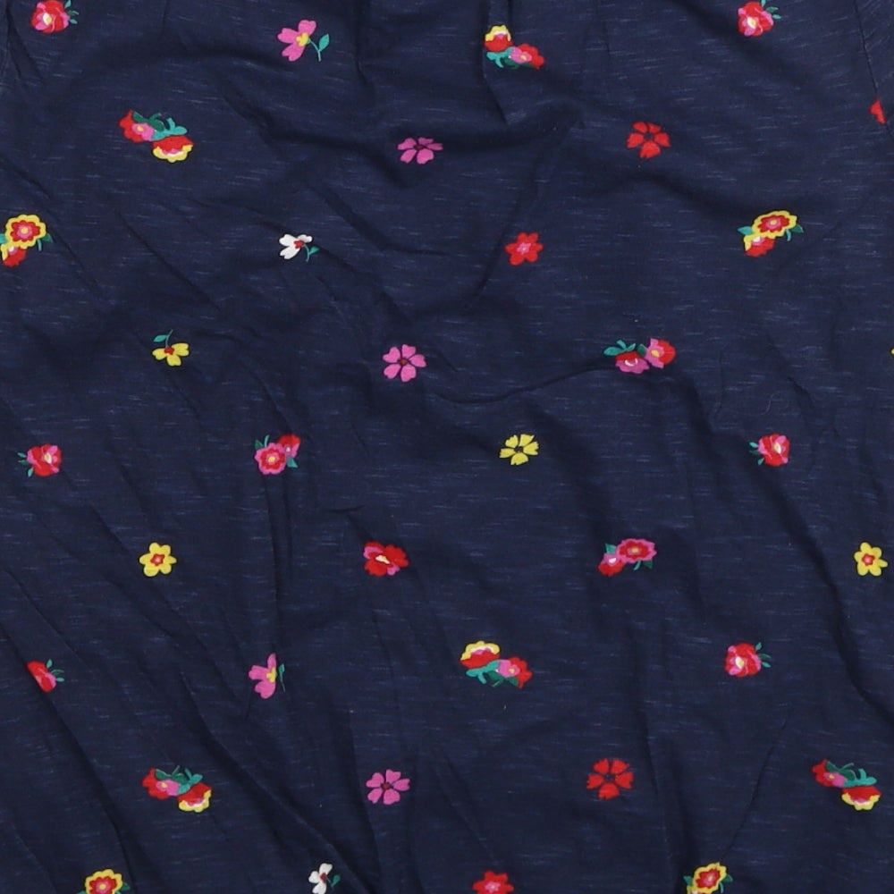 Marks and Spencer Womens Blue Floral Cotton Basic T-Shirt Size 10 Scoop Neck - Elastic Hem