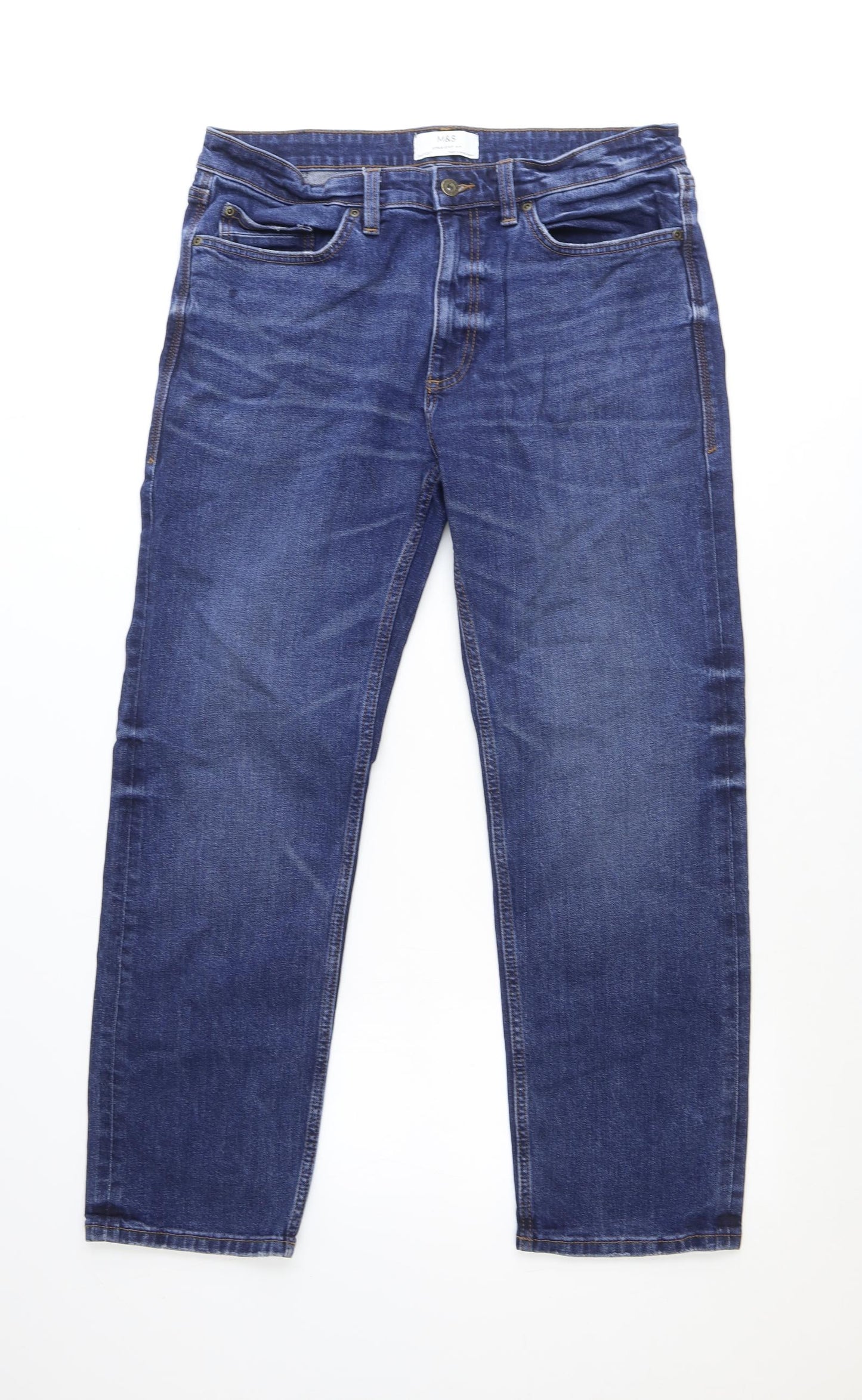 Marks and Spencer Mens Blue Cotton Straight Jeans Size 34 in Regular Zip