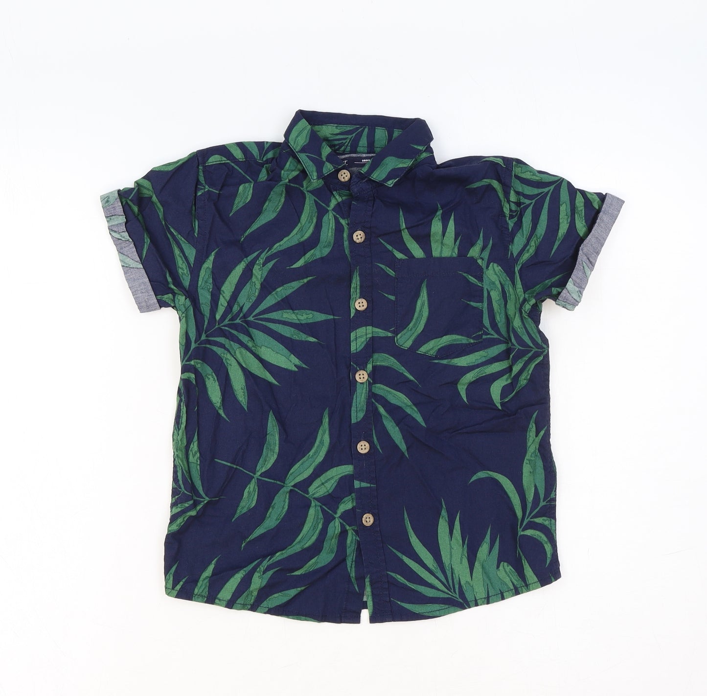NEXT Boys Blue Geometric Cotton Basic Button-Up Size 6 Years Collared Button - Leaf Pattern