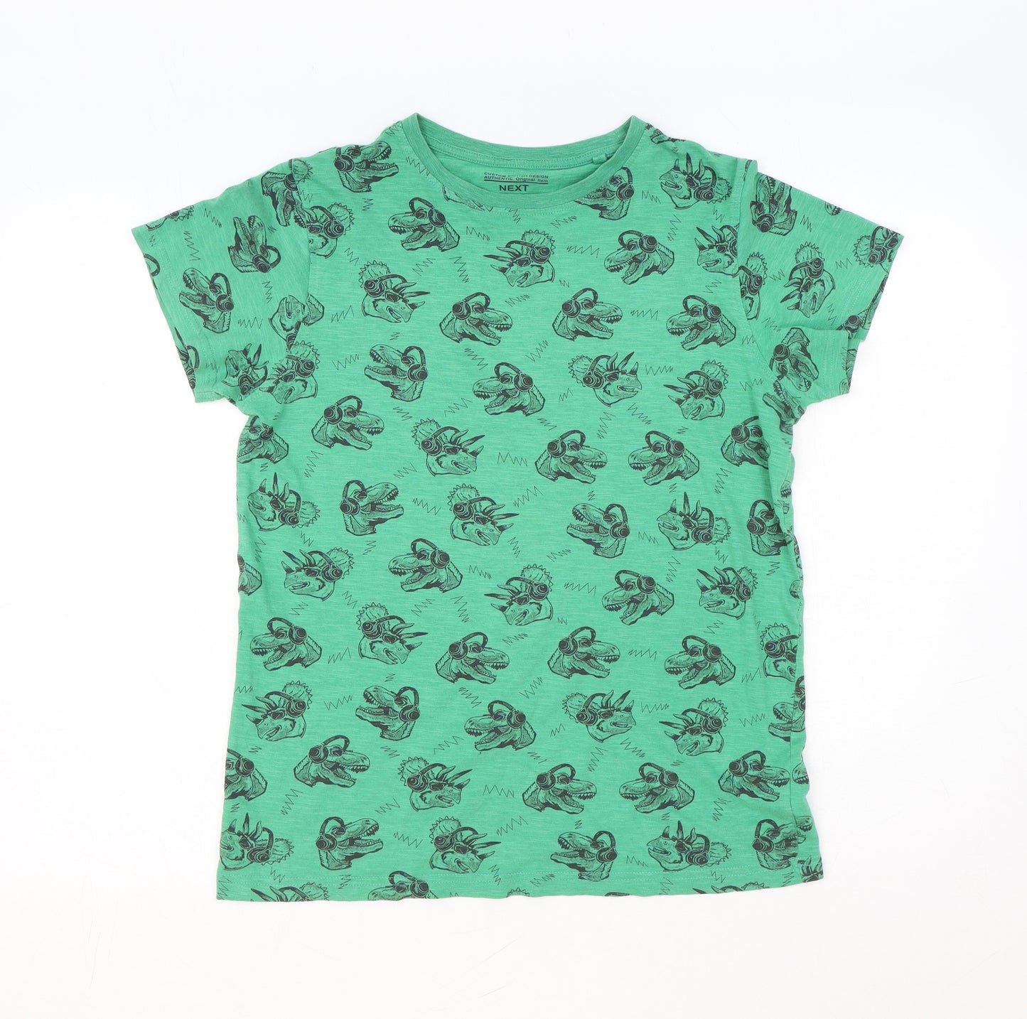 NEXT Boys Green Geometric Cotton Basic T-Shirt Size 12 Years Round Neck Pullover - T-Rex