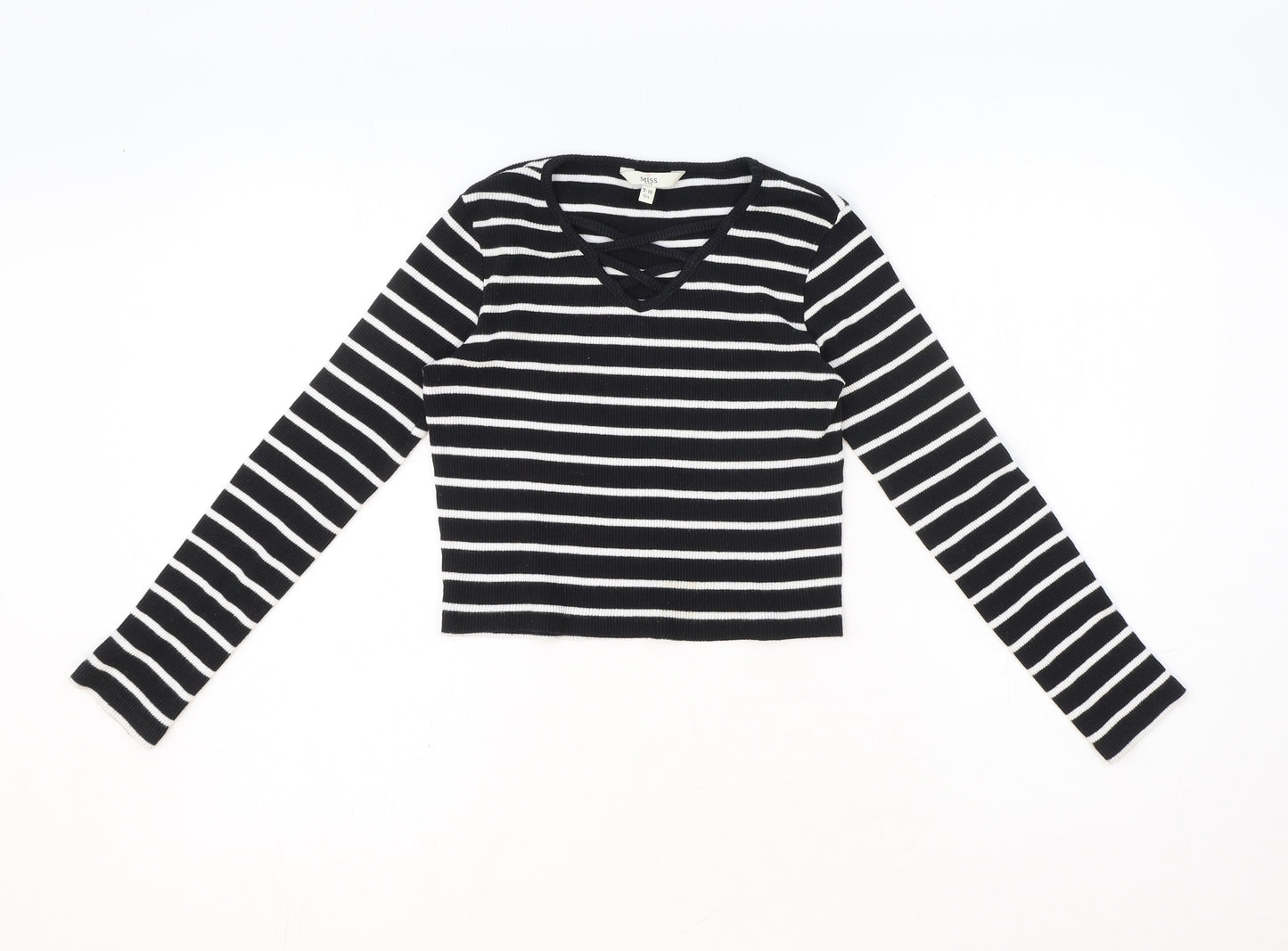 Miss E-Vie Girls Black Striped Cotton Basic T-Shirt Size 9-10 Years V-Neck Pullover
