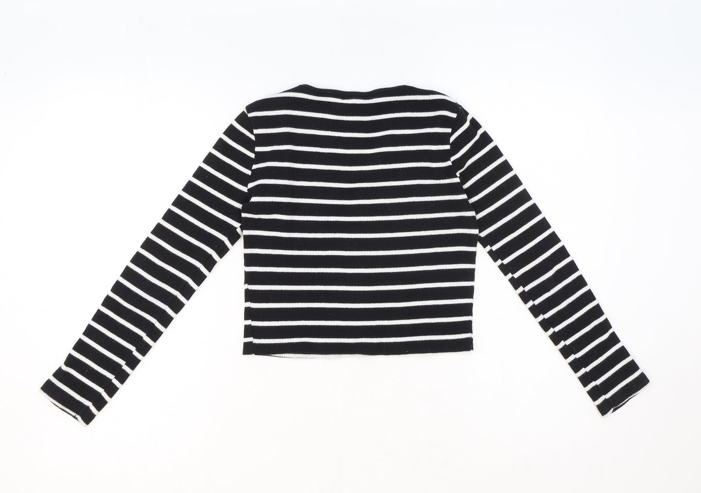 Miss E-Vie Girls Black Striped Cotton Basic T-Shirt Size 9-10 Years V-Neck Pullover