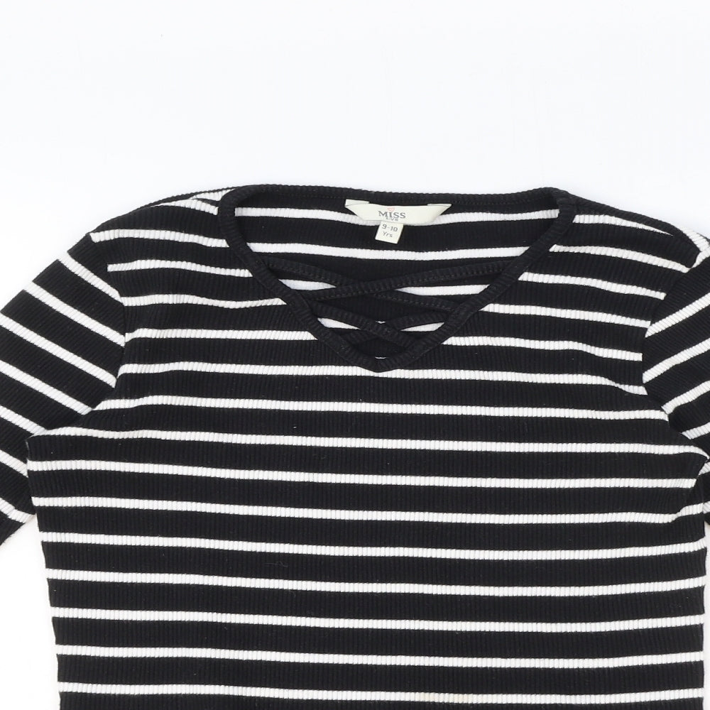 Miss E-Vie Girls Black Striped Cotton Basic T-Shirt Size 9-10 Years V-Neck Pullover