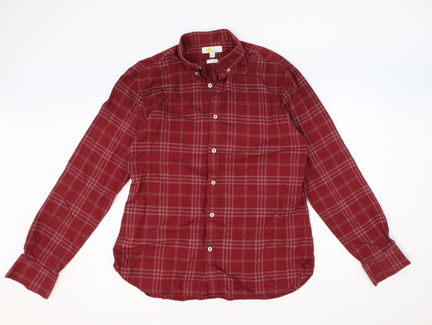 Boden Mens Red Plaid Cotton Button-Up Size L Collared Button