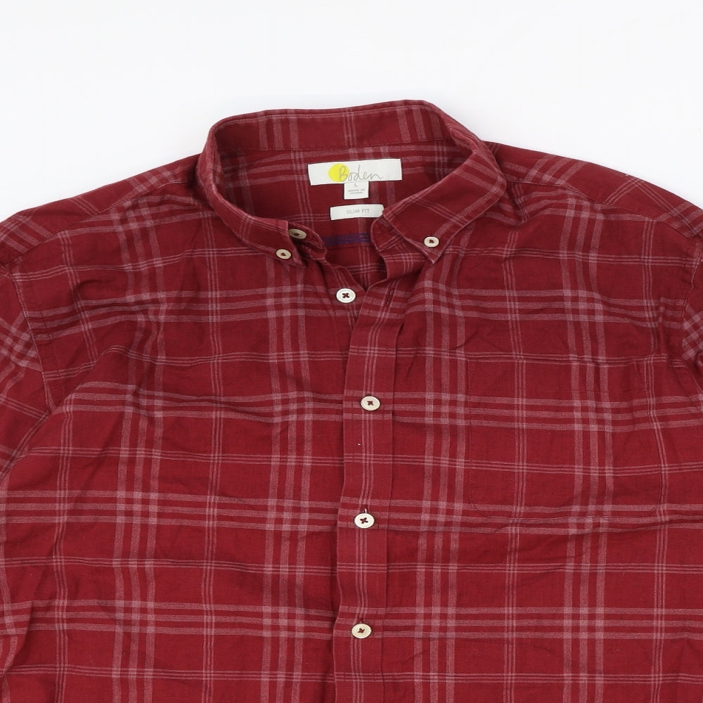 Boden Mens Red Plaid Cotton Button-Up Size L Collared Button