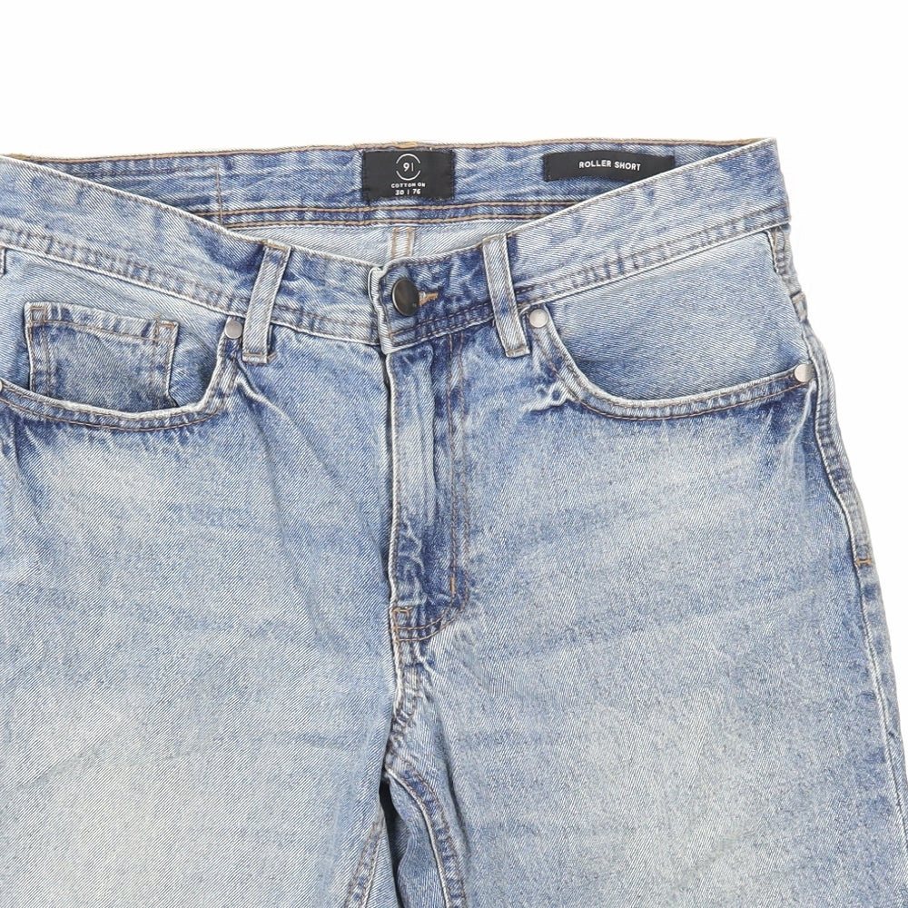 Cotton On Mens Blue Cotton Biker Shorts Size 30 in Regular Zip