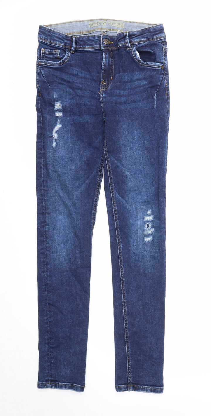 Denim & Co. Girls Blue Cotton Skinny Jeans Size 12-13 Years Regular Zip - Distressed