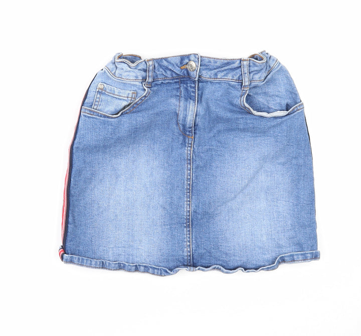 Denim & Co. Girls Blue Cotton Mini Skirt Size 11-12 Years Regular Zip - Side Stripe