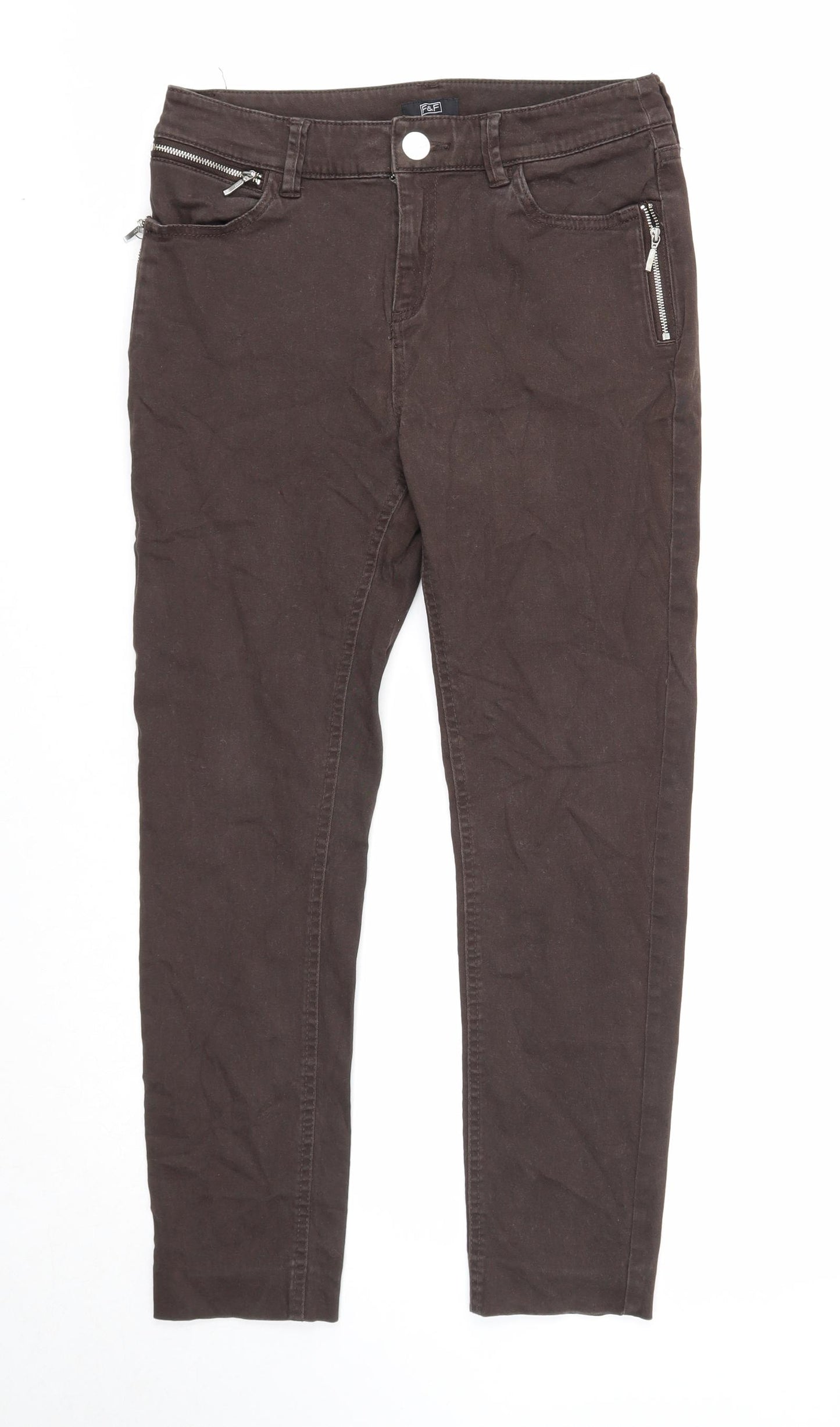 F&F Womens Brown Cotton Straight Jeans Size 8 Regular Zip
