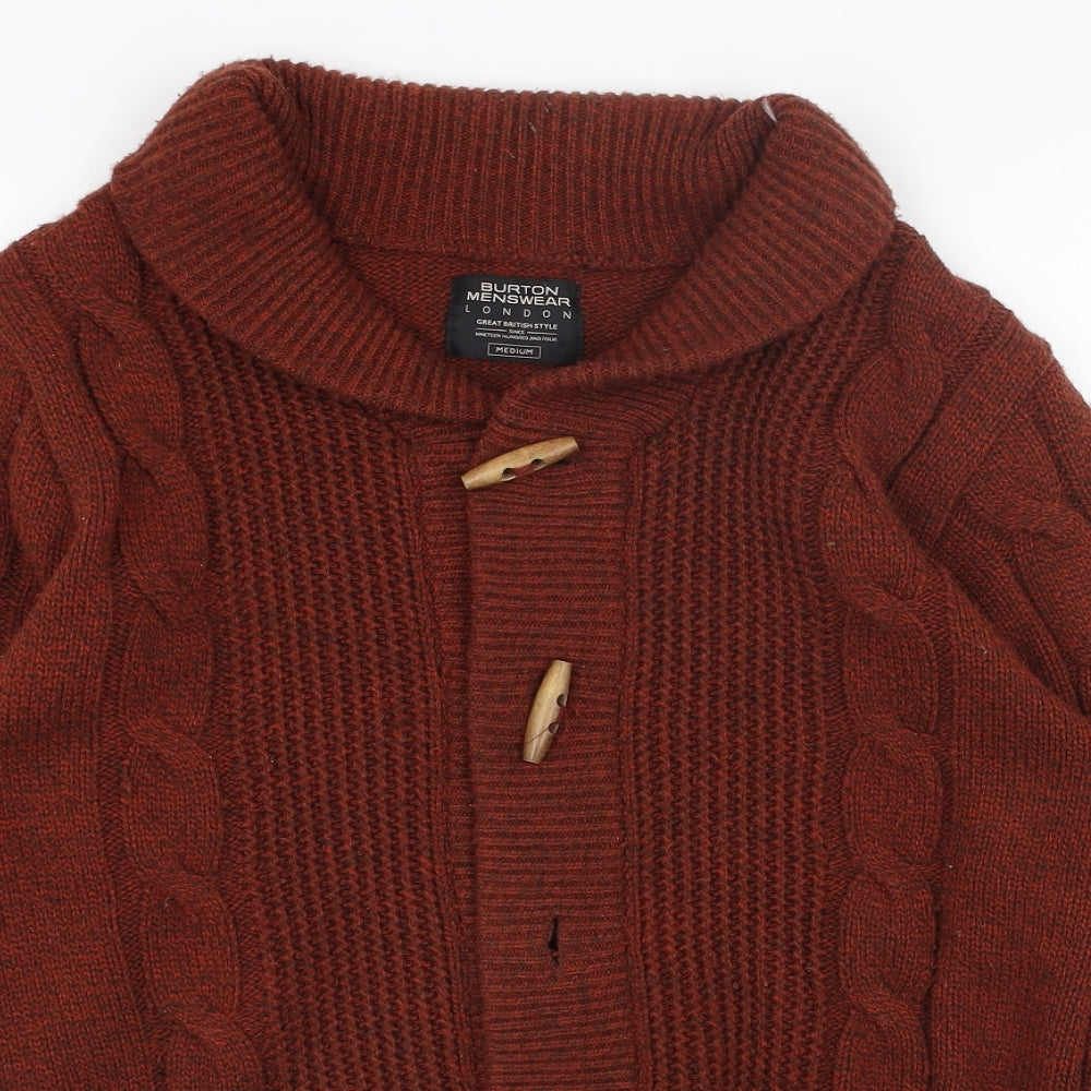 Burton Mens Orange Collared Acrylic Cardigan Jumper Size M Long Sleeve