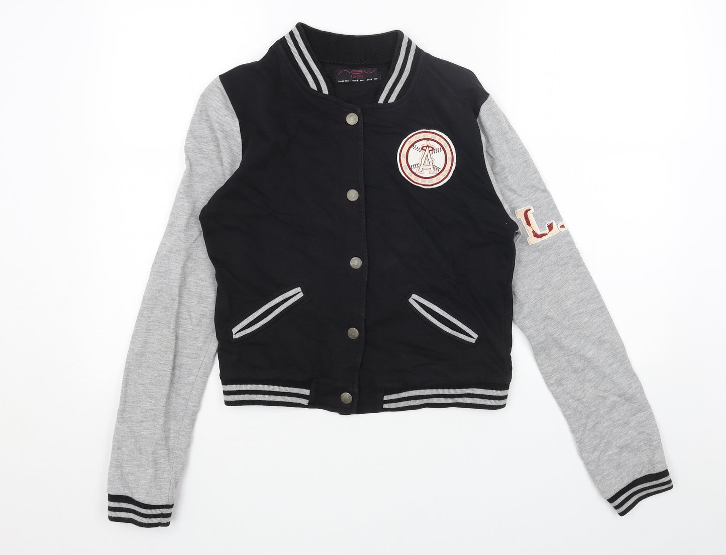 New Look Womens Black Varsity Jacket Jacket Size 12 Snap - LA