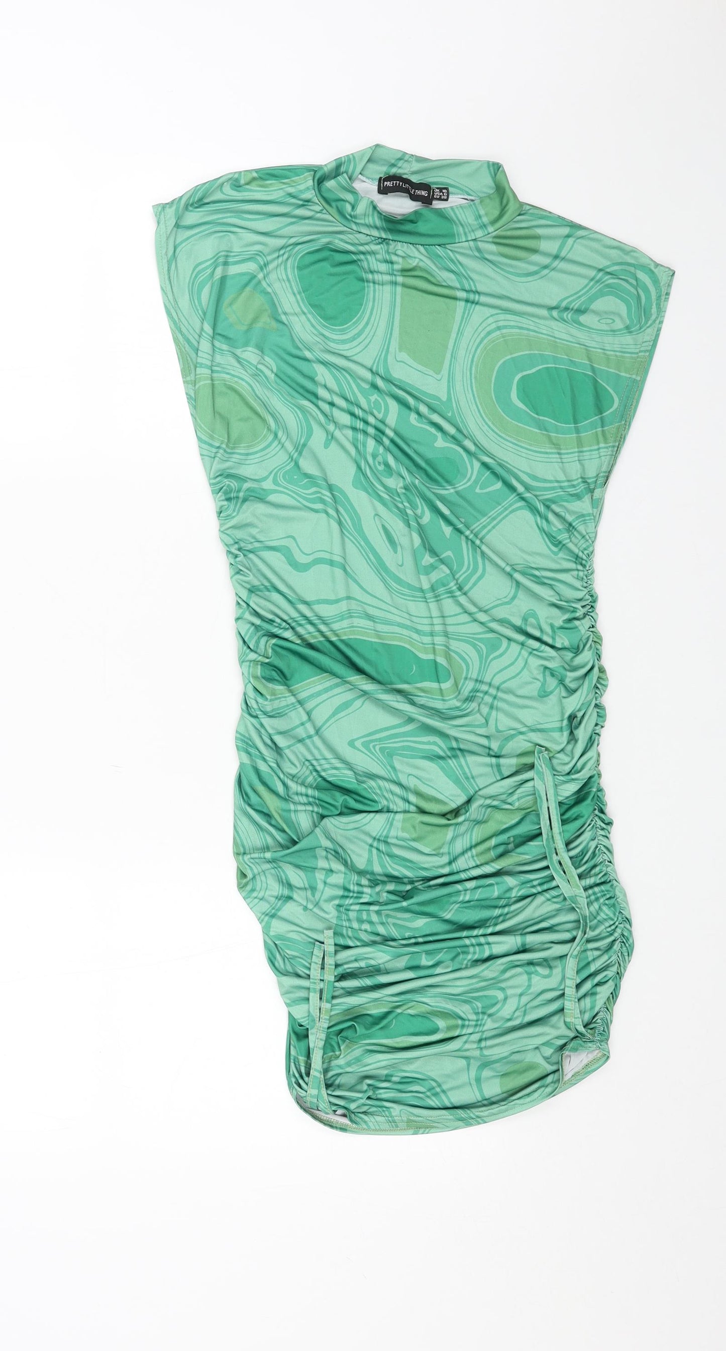 PRETTYLITTLETHING Womens Green Geometric Polyester Bodycon Size 10 Mock Neck Pullover - Side Ruched
