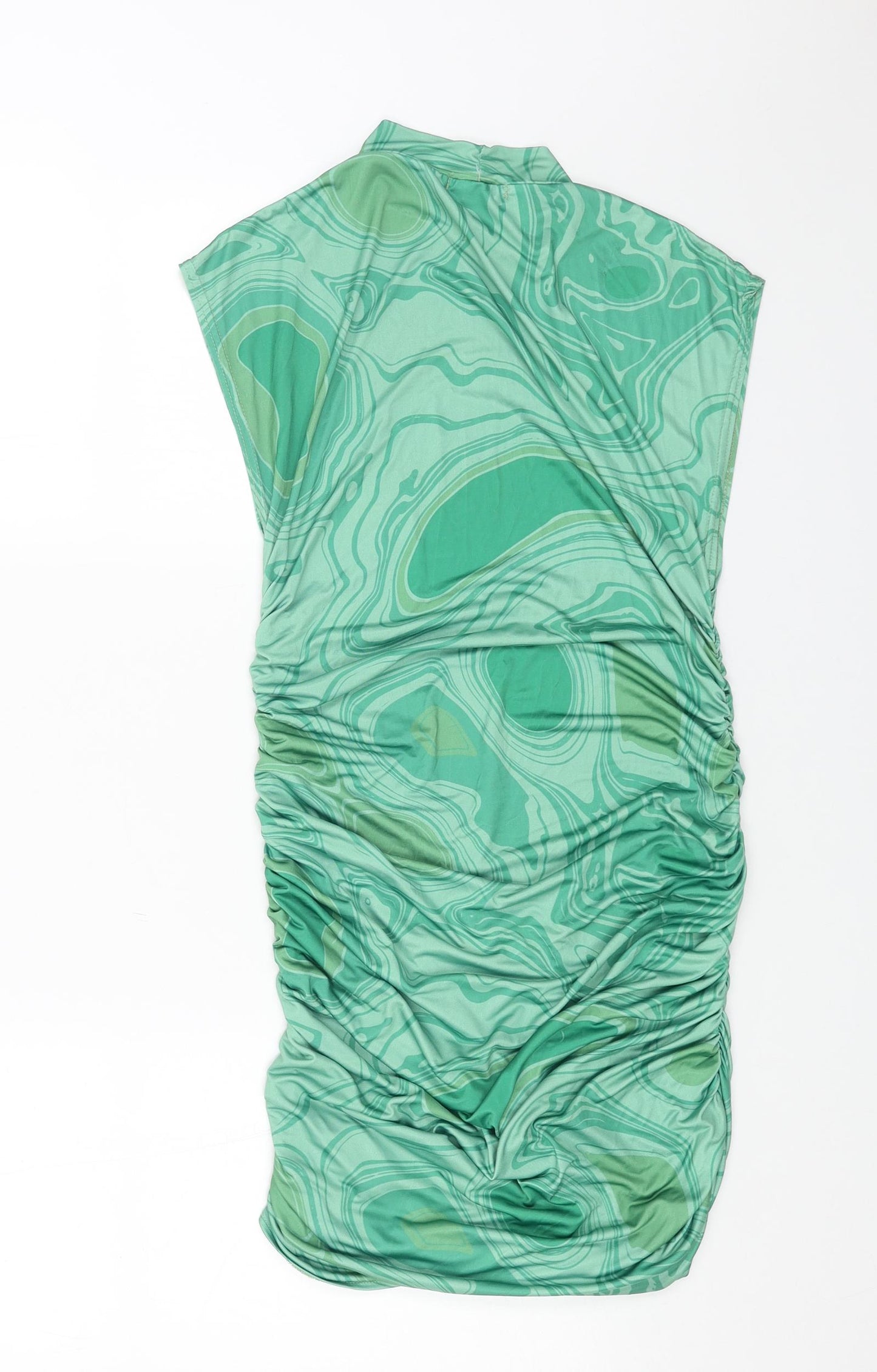 PRETTYLITTLETHING Womens Green Geometric Polyester Bodycon Size 10 Mock Neck Pullover - Side Ruched