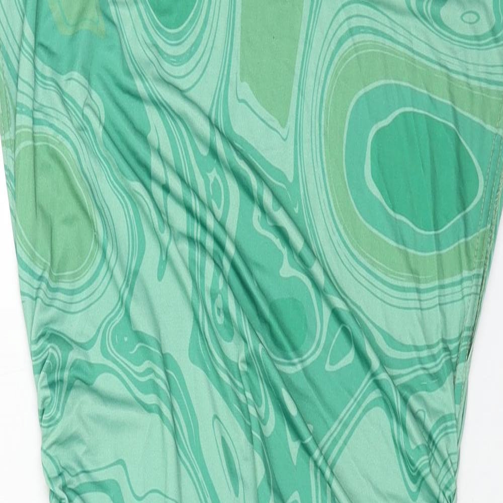 PRETTYLITTLETHING Womens Green Geometric Polyester Bodycon Size 10 Mock Neck Pullover - Side Ruched