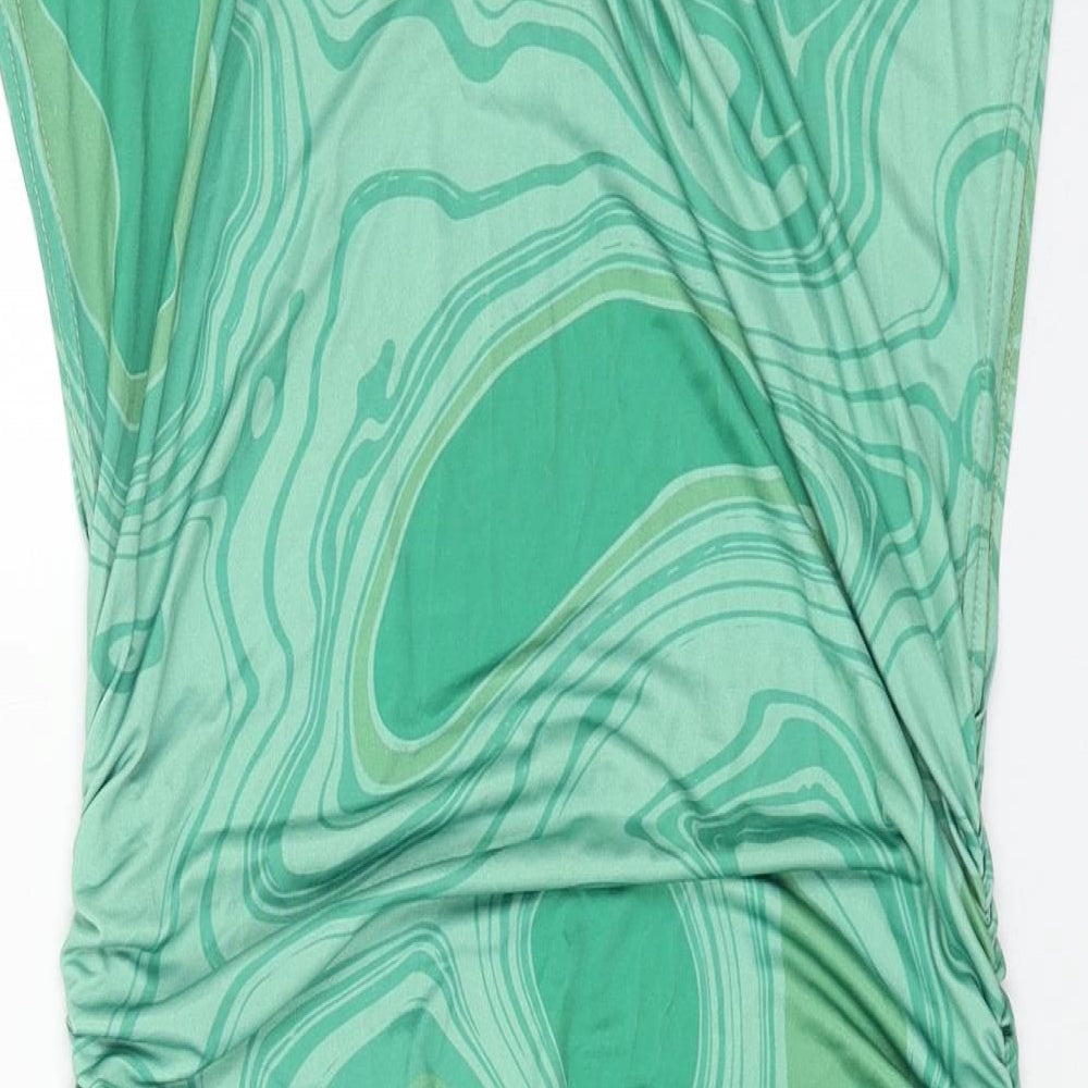 PRETTYLITTLETHING Womens Green Geometric Polyester Bodycon Size 10 Mock Neck Pullover - Side Ruched