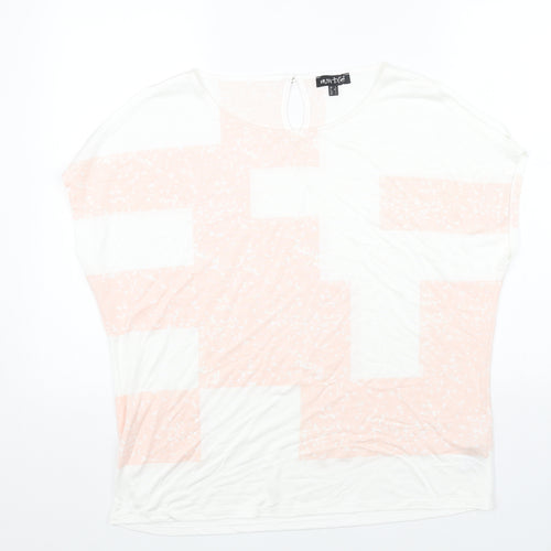 Marble Womens White Geometric Cotton Basic T-Shirt Size L Round Neck