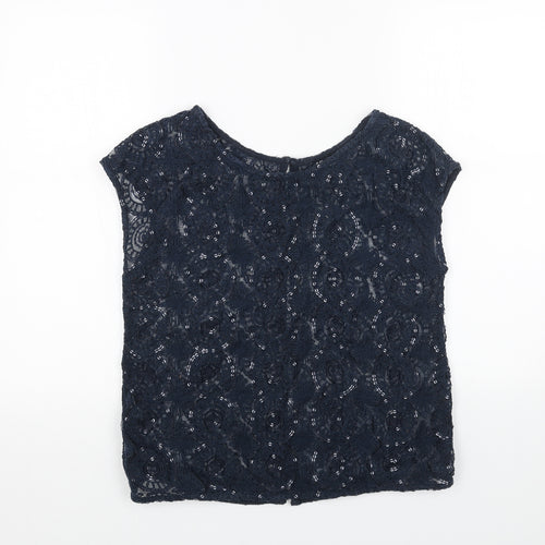 NEXT Womens Blue Geometric Cotton Basic Blouse Size 12 Round Neck