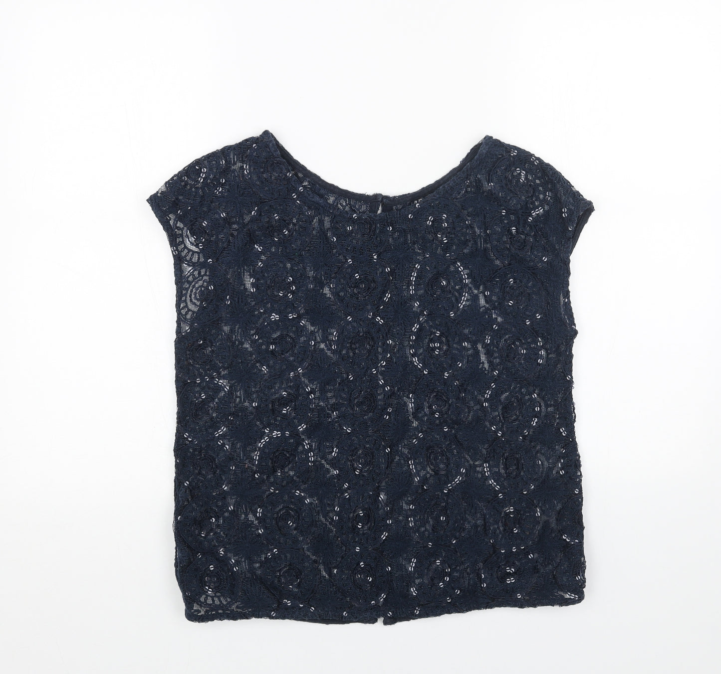 NEXT Womens Blue Geometric Cotton Basic Blouse Size 12 Round Neck