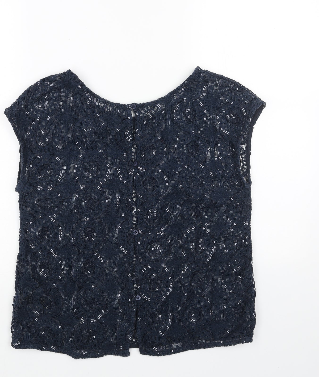 NEXT Womens Blue Geometric Cotton Basic Blouse Size 12 Round Neck