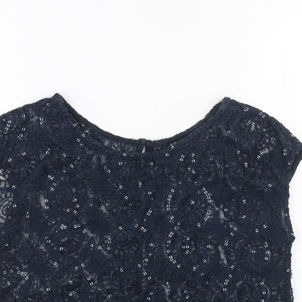NEXT Womens Blue Geometric Cotton Basic Blouse Size 12 Round Neck