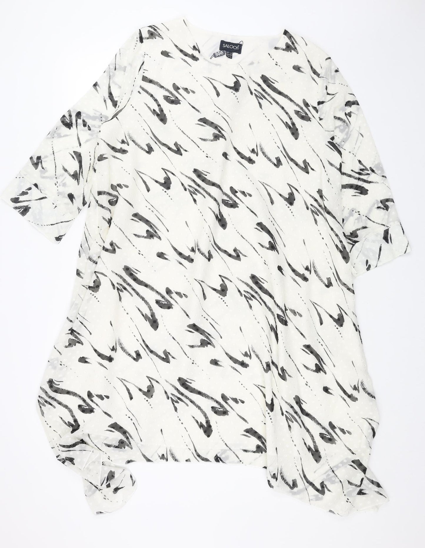Saloos Womens White Geometric Polyester Shift Size 16 Scoop Neck Pullover - Hanky Hem
