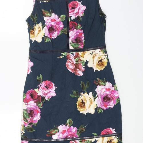 Paraphrase Womens Blue Floral Cotton Pencil Dress Size 10 Boat Neck Zip