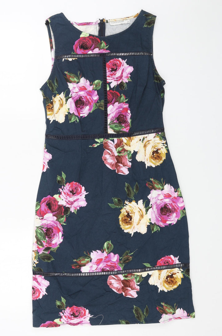 Paraphrase Womens Blue Floral Cotton Pencil Dress Size 10 Boat Neck Zip