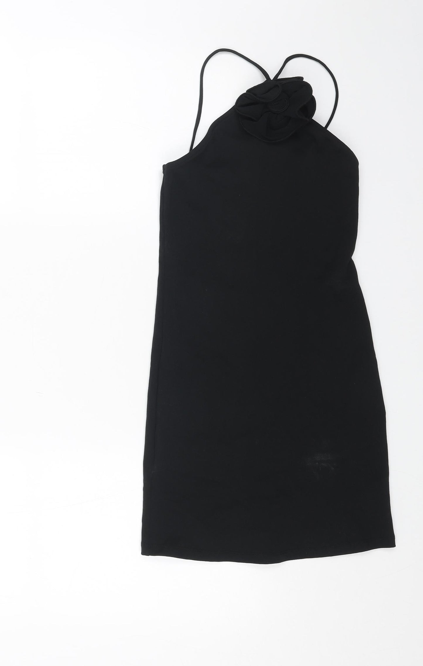 Zara Womens Black Polyester Mini Size S Halter Pullover - Flower Neck Detail