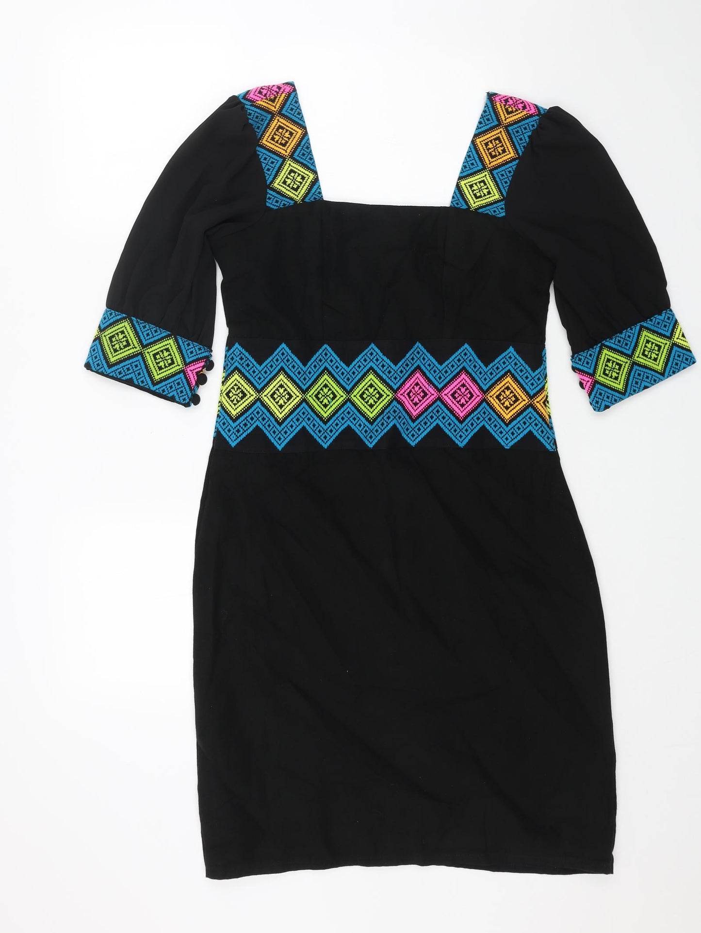 Juno Womens Black Cotton Pencil Dress Size M Square Neck Zip