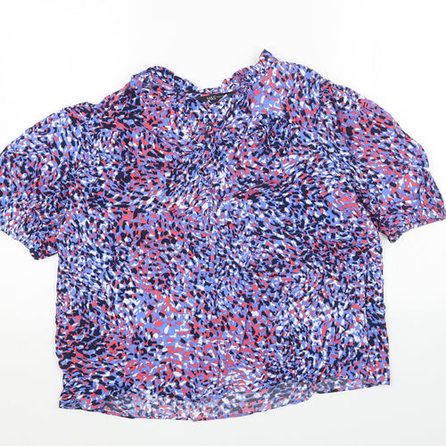 Marks and Spencer Womens Blue Herringbone Viscose Basic Blouse Size 12 V-Neck - Tie Neck Detail