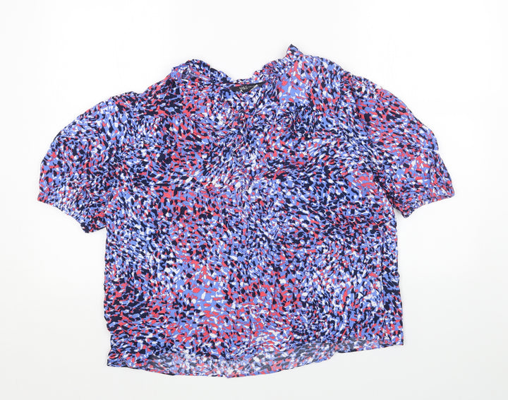 Marks and Spencer Womens Blue Herringbone Viscose Basic Blouse Size 12 V-Neck - Tie Neck Detail