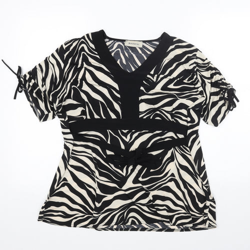 BASSINI Womens Black Animal Print Polyester Basic T-Shirt Size XL V-Neck - Tiger Print