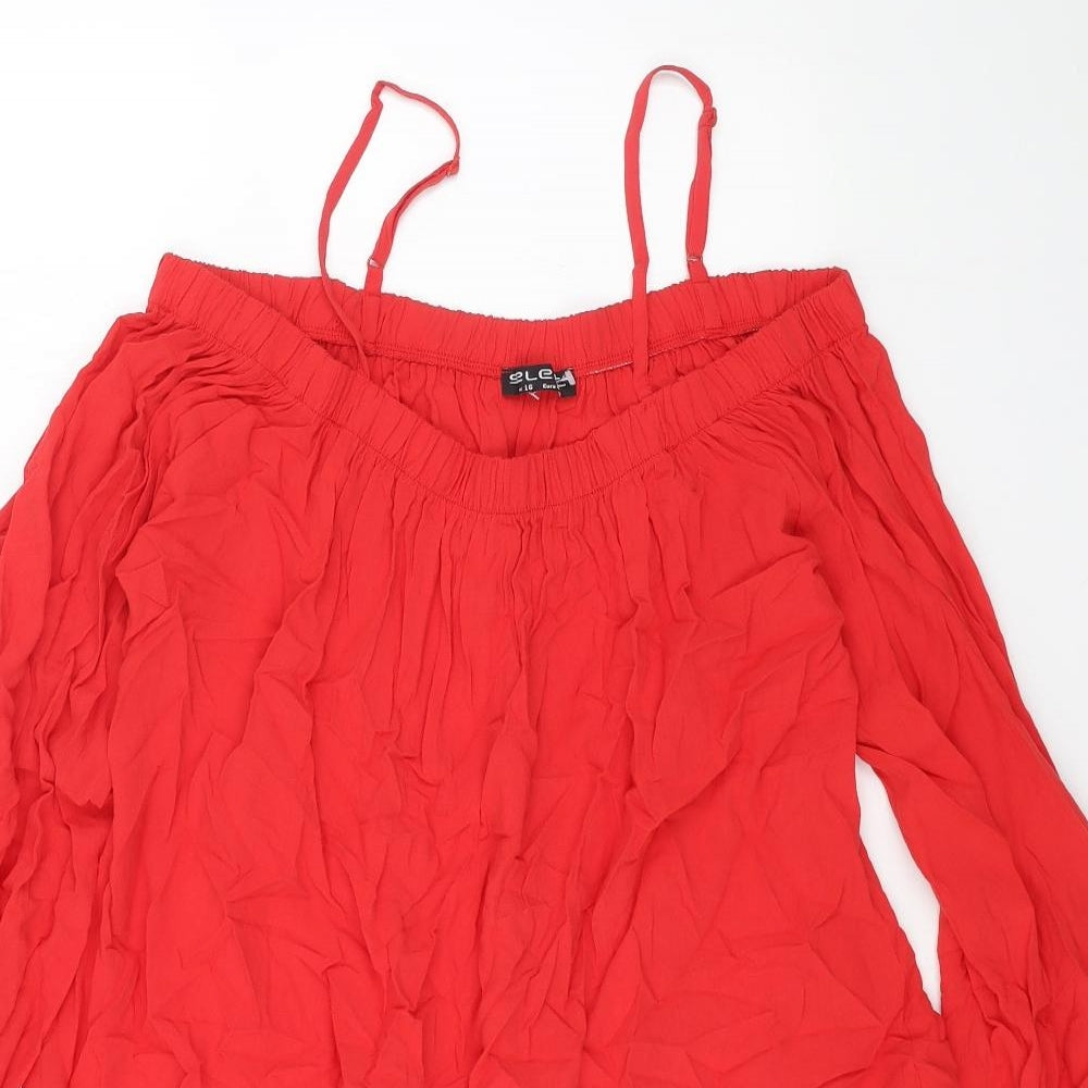 Select Womens Red Viscose Basic Blouse Size 16 Scoop Neck - Cold Shoulder Sleeve Tie Detail