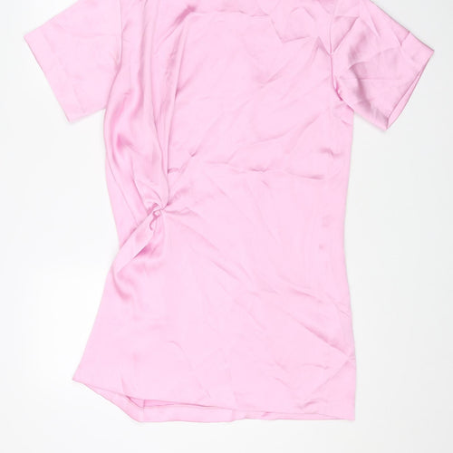 Zara Womens Pink Polyester T-Shirt Dress Size L Round Neck Zip - Ruched
