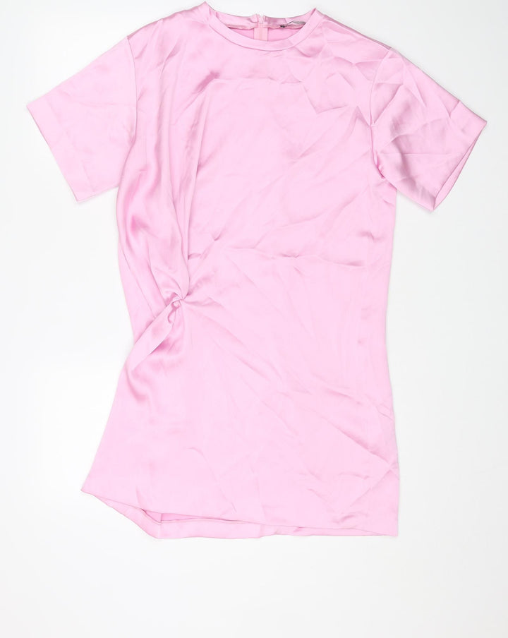 Zara Womens Pink Polyester T-Shirt Dress Size L Round Neck Zip - Ruched