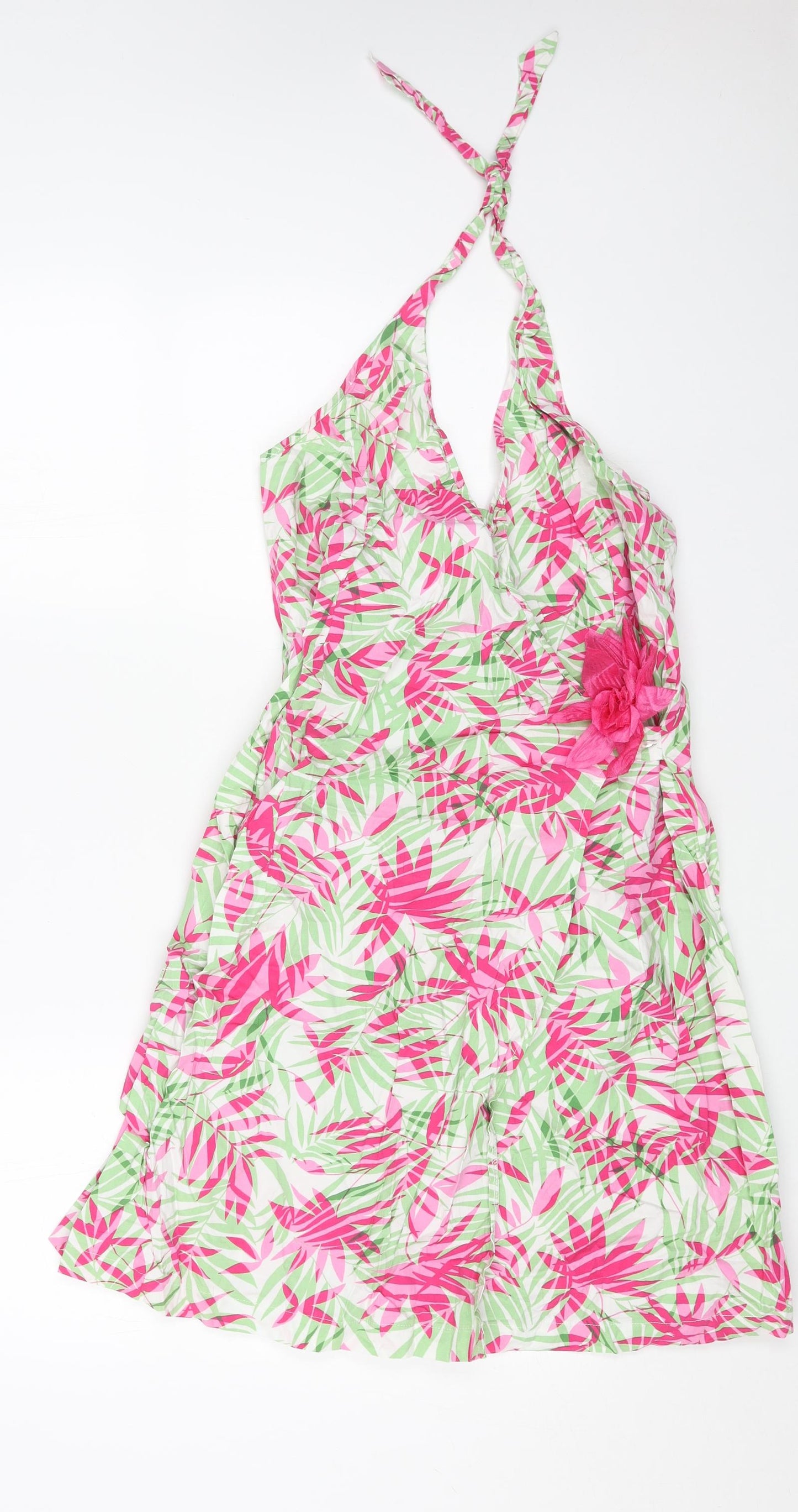 Red Herring Womens Green Geometric Viscose A-Line Size 16 Halter Zip - Flower