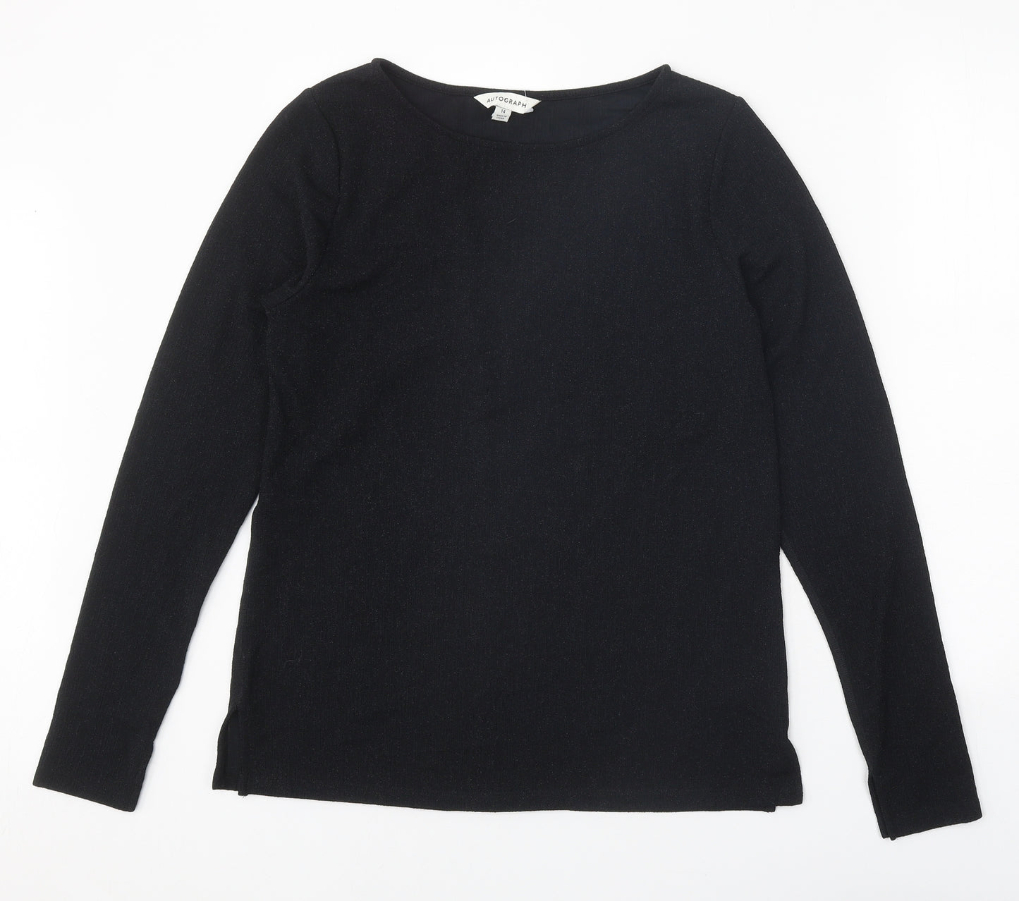 Autograph Womens Black Geometric Polyamide Basic Blouse Size 14 Round Neck